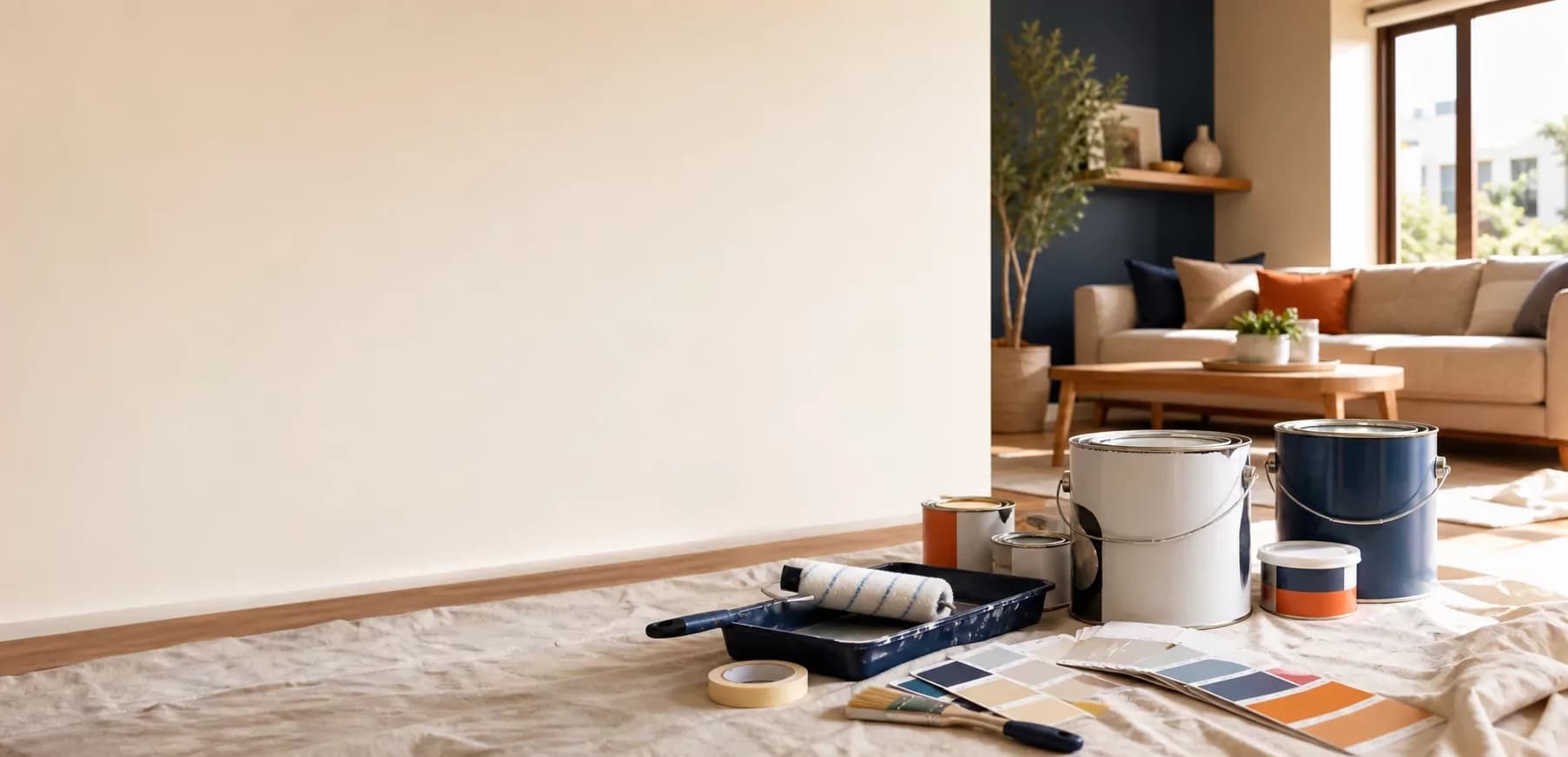 Pinturas, rodillos, brochas y cartas de color en una sala lista para renovar