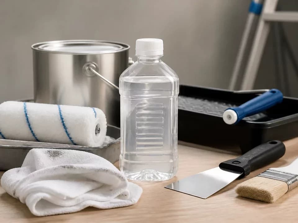 Herramientas de pintura y productos de limpieza sobre una mesa de trabajo