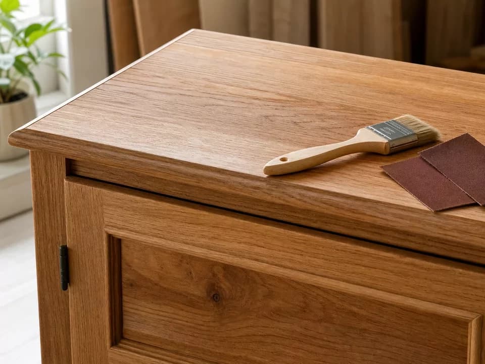 Mueble de madera con brocha y lija para renovar su acabado