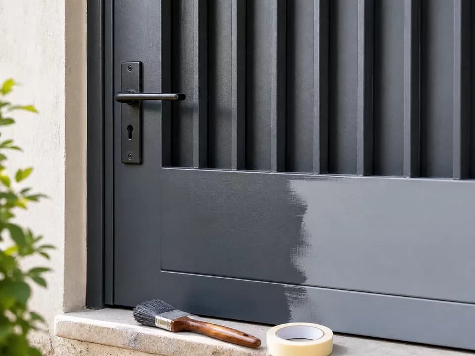 Puerta metálica oscura con herramientas para pintar y proteger metal