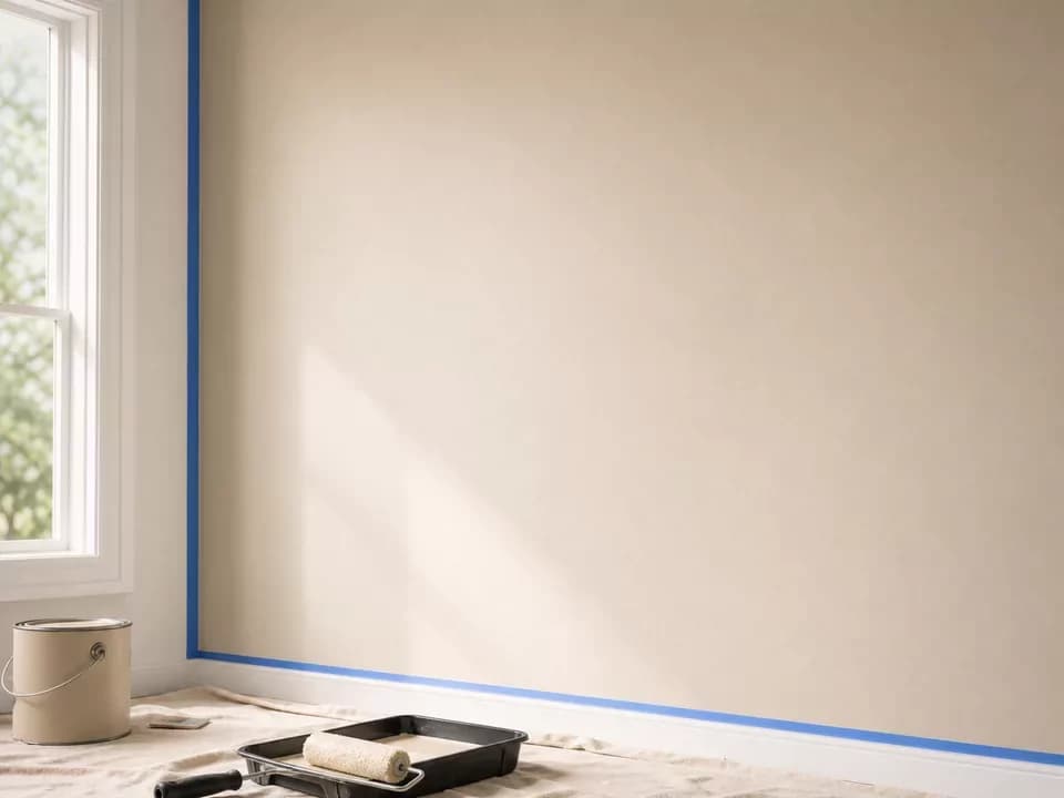 Pared interior preparada para pintar con herramientas de aplicación cerca
